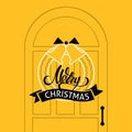 A vector christmas image with a decorative wreath on a house door . Merry christmas lettering. Christmas design for a card, flyer, Royalty Free Stock Photo
