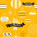 A vector christmas seamless pattern. Merry christmas lettering with ornamented balls. Christmas decoration and souvenirs in yellow Royalty Free Stock Photo