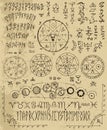 Vector design set with magic letters, pentacle, runes, zodiac, seals.