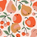 Vector fruit seamless pattern in hand-drawn style. Vector repeat background for colorful cherry, pears and apples. Royalty Free Stock Photo