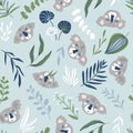 Vector hand-drawn seamless pattern with animals. Koala repeat print design. Royalty Free Stock Photo