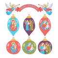 Basic RGBMerry Christmas. Set of Christmas balls with the image of the Holy family.