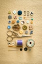 Basic Sewing Tools, Buttons, and Tape Measure Flat Lay