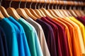 Basic t-shirts of different colors on a hanger in the store close-up