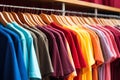 Basic t-shirts of different colors on a hanger in the store close-up