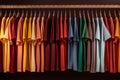 Basic t-shirts of different colors on a hanger in the store close-up