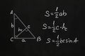 Basic triangle area formulas written on chalkboard
