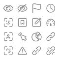 Basic UI icon illustration vector set. Contains such icon as Edit, Eye open, Flag, Pie chart, Link, Face scan, Bookmark, and more.