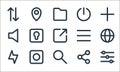 basic ui line icons. linear set. quality vector line set such as adjust, search, flash, share, camera, volume, list, power off, Royalty Free Stock Photo