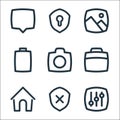 Basic ui line icons. linear set. quality vector line set such as adjust, shield, home, suitcase, camera, battery, gallery,