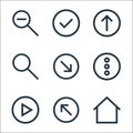 basic ui line icons. linear set. quality vector line set such as home, top left, play, more, bottom right, zoom, up arrow,