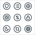 basic ui line icons. linear set. quality vector line set such as internet, crop, night mode, lock, mobile data, camera, target, Royalty Free Stock Photo