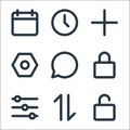 basic ui line icons. linear set. quality vector line set such as lock, mobile data, adjust, lock, chat, setting, add, time Royalty Free Stock Photo