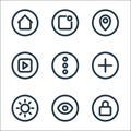 basic ui line icons. linear set. quality vector line set such as lock, view, brightness, add, more, play, pin, notification Royalty Free Stock Photo