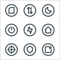 basic ui line icons. linear set. quality vector line set such as notification, shield, target, home, flash, power off, night mode Royalty Free Stock Photo