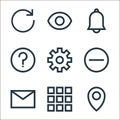 basic ui line icons. linear set. quality vector line set such as pin, menu, email, minus, settings, help, notification bell, view