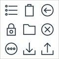 basic ui line icons. linear set. quality vector line set such as upload, download, more, cross, folder, padlock, left, battery