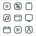 basic ui line icons. linear set. quality vector line set such as user, play, calendar, screen, card, music, device, adjust
