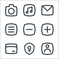 Basic ui line icons. linear set. quality vector line set such as user, security, card, add, minus, open menu, email, music