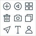 basic ui line icons. linear set. quality vector line set such as user, text, cursor, page, camera, delete, open menu, back