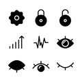 Basic user interface icon set glyph include network, connection, internet, setting, gear, configuration, option, close, padlock, Royalty Free Stock Photo