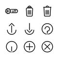 Basic user interface icon set outline include control, option, switch, toggle, remove, garbage, delete, bin, trash, arrow, upload, Royalty Free Stock Photo