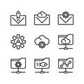 Basic vector search engine optimization icon include email, envelope, rocket, cloud, setting, gear, user, folder network, share Royalty Free Stock Photo