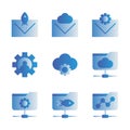 Basic vector search engine optimization icon include email, envelope, rocket, cloud, setting, gear, user, folder network, share Royalty Free Stock Photo