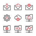 Basic vector search engine optimization icon include email, envelope, rocket, cloud, setting, gear, user, folder network, share Royalty Free Stock Photo