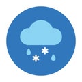 Basic weather icon of cloud, snow and rain blue circle. Flat clipart.