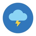 Basic weather icon of thunderstorm. Cloud and yellow lightning on blue circle.