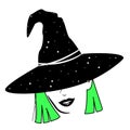 Basic witch Halloween t shirt design with mystic green hair girl in a witchy hat