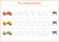 Basic writing exercises. Trace line worksheets for children. Preschool handwriting practice. Vector illustration. A4 - ready to