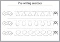 Basic writing exercises. Trace line worksheets for children. Preschool handwriting practice. Vector illustration. A4 - ready to