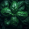 Basil background. Fresh green leafs of basil with large drops of water close-up, aromatic herb for salad