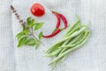 Basil chili and tomato on white fabric background Royalty Free Stock Photo