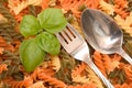 Basil, cutlery and pasta Royalty Free Stock Photo