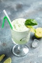 Basil gin alcoholic cocktail. Long alcohol drink with fresh basil leaves and limes, in highball glasses on concrete stone Royalty Free Stock Photo