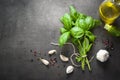 Basil leaves, garlic, pepper and oil Royalty Free Stock Photo