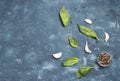 Basil Leaves, pepper and garlic on concrete background. Royalty Free Stock Photo