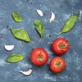 Basil Leaves, pepper and tomatoes on concrete background. Royalty Free Stock Photo