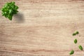 Basil, mint, Kitchen leaves on green and wooden background