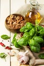 Basil, nuts and olive oil Royalty Free Stock Photo