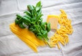 Basil, parmesan, cappellini and penne pasta on gray tablecloth Royalty Free Stock Photo