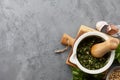 Basil pesto sauce and main ingredients Royalty Free Stock Photo