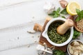 Basil pesto sauce and main ingredients Royalty Free Stock Photo