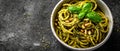 Basil Pesto Spaghetti with Pine Nuts and Parmesan Royalty Free Stock Photo