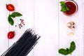 Basil, Red Cherry Tomato with Pasta on White Background Royalty Free Stock Photo