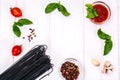 Basil, Red Cherry Tomato with Pasta on White Background Royalty Free Stock Photo