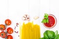 Basil, Red Cherry Tomato with Pasta on White Woody Background Royalty Free Stock Photo